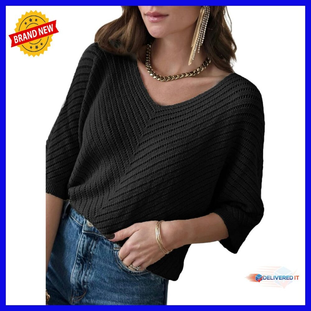 Women's 3/4 Sleeve V-Neck Loose Pullover Knit Sweater Top